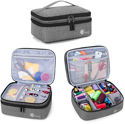 Luxja Nähaufbewahrung Tasche, Tragetasche für Nähzubehör, Doppelschicht Nähzubehör Organizer für Nadeln, Faden und andere Nähwerkzeuge (Ohne Zubehör), Grau