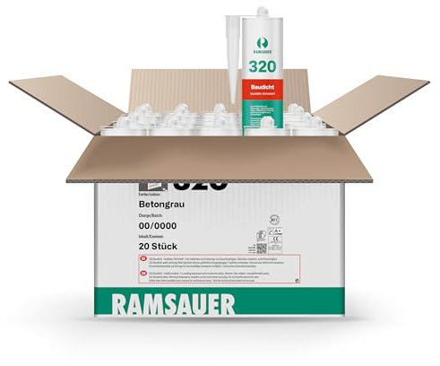 RAMSAUER 320 Baudicht (Betongrau) - 20 Stück im Karton, elastisch, Fugenabdichtung an Fassaden, Dehnungs- & Stoßfugen Fertigbetonbau, Anschlussfugen Fenster-& Türrahmen, Innen- & Außenbereich