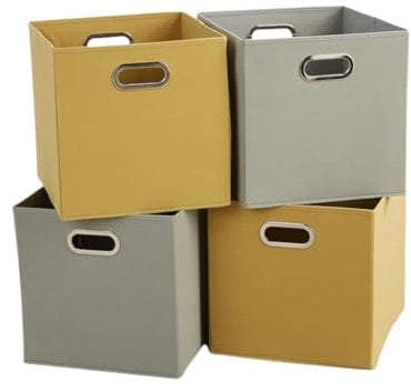 Home Source Cube Storage Boxes, Collapsible Fabric Storage Baskets, Foldable Canvas Organising Boxes, 4 Piece, 2 Grey, 2 Yellow