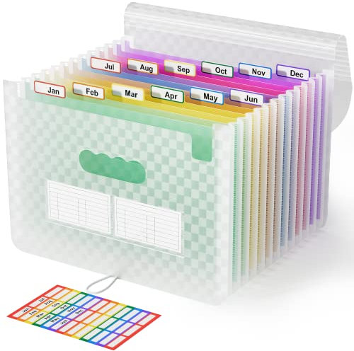 ABC life Dokumentenmappe A4 mit Gittermuster,13Fächermappe Datei Organizer,Regenbogen Akkordeon Erweiterbar Ordnungsmappe, Grosse Kapazität Dokumententasche,A4 Ordner Tragbar Sortiermappe Schule(Grün)