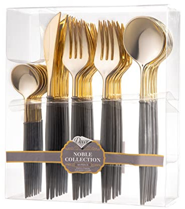 Decor Decorline - Ensemble de couverts réutilisables en plastique robuste - 40 pièces - Avec 16 fourchettes, 8 couteaux, 8 cuillères et 8 cuillères à dessert - Noble - Haut: Or - Poigné: Gris