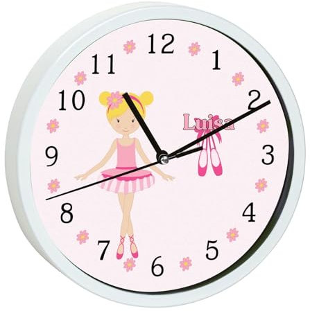 CreaDesign, Wanduhr Kinder personalisiert mit Name, Motiv Balerina, Rahmen Wanduhr weiß, Ø 19,5 cm