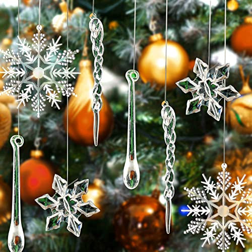 MAJOYLIFE 24 Stück Weihnachtsbaum Schmukdeko Anhänger Glitzer Schneeflocken,Acryl Eiszapfen Hängend,Weihnachtsschmuck aus Kunststoff,Festliche Dekorationen im Winter (Stil 1)