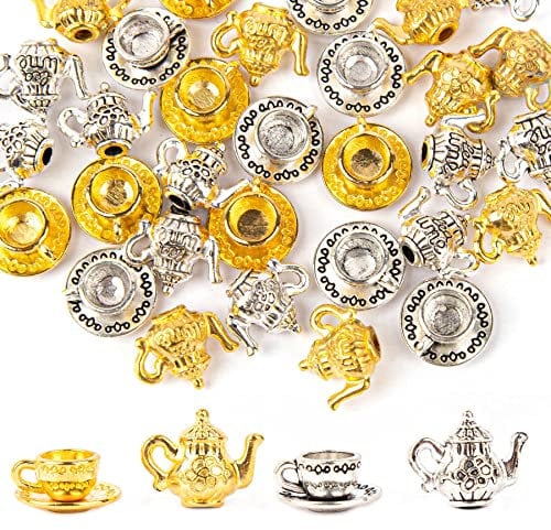 Framendino, 40 Pack Silver Gold Teapot Tea Cup Charms Coffee Mug Charms Pendants for DIY Jewelry Making, 40 Pack, Silver