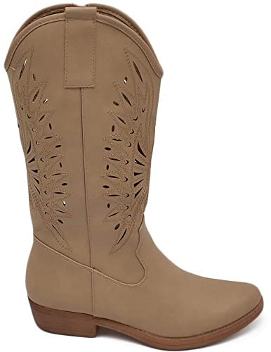 Malu Shoes Stivali camperos donna beige tacco basso estivi traforati altezza ginocchio texani con cuciture tinta unita (39 EU)