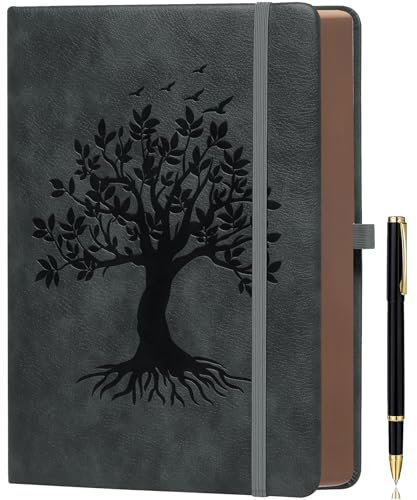 ZXHQ A5-Notizbuch mit 360 linierten Seiten und Stift, Schreibjournal für Damen und Herren, Design „Tree of Life“, braune Seitenränder, feine Innentasche, Dunkelgrau