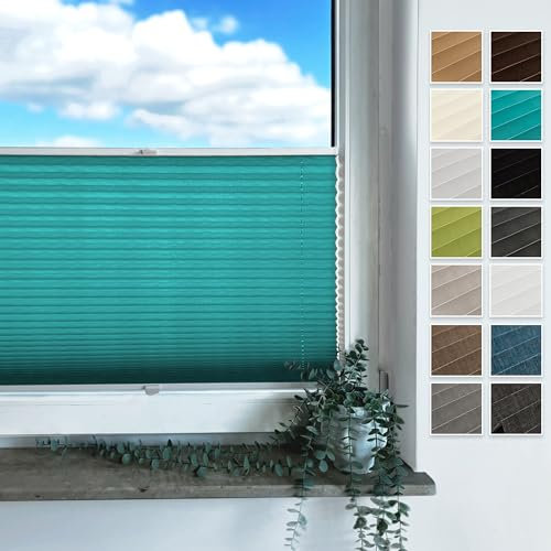 Rollmayer Plissee mit Bohren, Plisseerollo Faltrollo Sichtschutz und Sonnenschutz für Fenster und Tür Premiumqualität Falte für Zuhause, 3 Kollektionen(Binco Türkis,B145cm x H200cm)