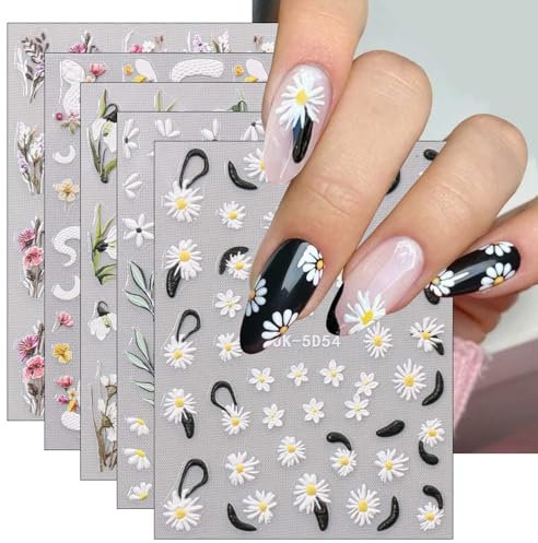 JMEOWIO 6 Sheets 3D Embossed Spring Flower Nail Art Stickers Decals Self-Adhesive 5D Colorful Summer Floral Daisy Nail Supplies Nail Art Design Decoration Accessories