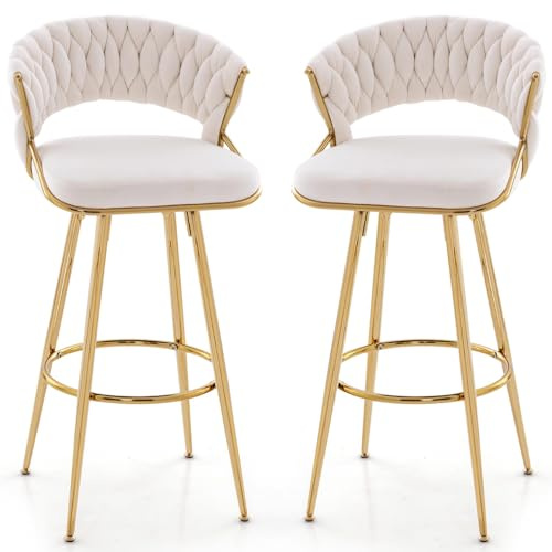 RELAX4LIFE Lot de 2 Chaises de Bar en Velours, Tabouret Haut Bar avec Siège Rembourré, Pieds en Métal Doré, Chaise Haute pour Ilot Central, Cuisine, Salle à Manger, Assise 73 CM, Charge 200 KG