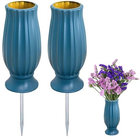 Vasi per cimitero, 2 pezzi, con picchetto, vaso per fossa, cimitero, resistente al gelo, vaso per sepoltura in plastica, con punte in metallo, vasi per tomba, cimitero per raccogliere mazzi di fiori