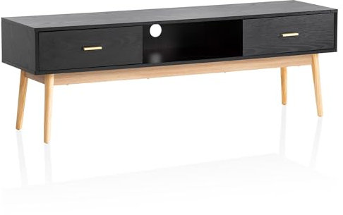 FineBuy Lowboard Schwarz mit Eiche-Dekor 150x50x40 cm TV-Kommode Modern, Design TV-Schrank Hoch, Fernsehtisch Fernsehschrank mit Schubladen & Ablagefach, Fernsehkommode Wohnzimmer
