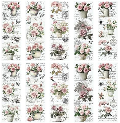 WANDIC 10 Sheets Rub On Transfer Stickers, Vintage Pink Rose Decals Fashionable Waterproof Transfers for Furniture Table Water Bottle DIY Craft, 11.8 * 3.9in