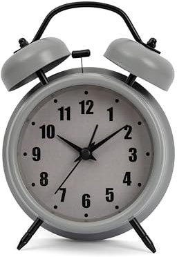 GIFTMARKET – Reloj Despertador analógico silencioso. Despertador de mesilla Gris. Reloj Despertador de Doble Campana con luz Nocturna. Sin Tic-TAC. 11,7 cm x 16 cm
