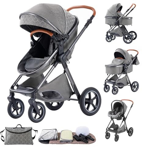 BEBBY Poussette 3 en 1, poussette bébé, Poussette Tout Terrain, carriole pour bébé Naissance, buggy Canne Paysage Haut Cadre en Aluminium Pour Nouveau-né (H2-DEEPGREY)