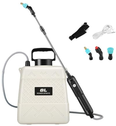 JISADER Pulverizador eléctrico dispensador agrícola, Botella pulverizadora de Agua Recargable, pulverizador de Alta presión para huerto, Patio, hogar, 8l Blanco