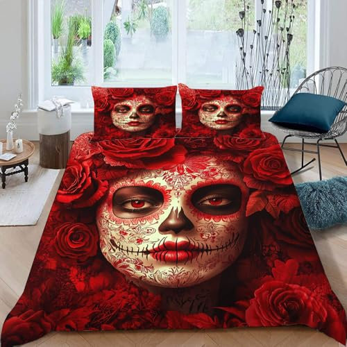 Skull Girl Duvet Cover Set 3D Printed Gothic Tattoo Bedding Quilt Cover Set Soft Microfiber Red Rose Bedding Quilt Cover With Zipper Closure 2 Pillowcase For Teens And Adults Single Size135x200cm