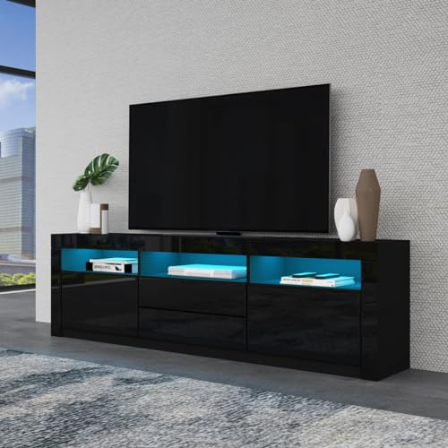 Modern Black Gloss LED TV Stand Entertainment Unit with 2 Doors 2 Drawers and 3 Open Shelves 160CM High Gloss TV Unit with LED Lights for Living Room Home Furniture