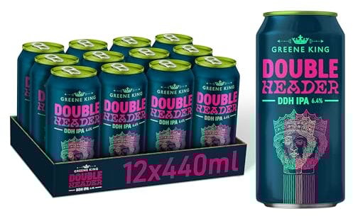 Greene King Double Header DDH IPA 12 x 440ml Cans – 6.4% ABV Double Dry-Hopped Craft Beer with Juicy Citrus & Tropical Flavours, Balanced Bitterness & Full-Bodied Finish – Ideal for IPA Lovers
