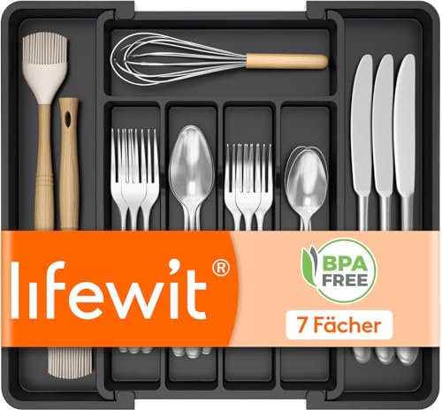 Lifewit Besteckkasten für Schubladen 30 40, Kunststoff Besteckeinsatz (Tiefe 32 cm), erweiterbare Besteckschublade Einsatz, Schubladen Organizer Küche für Besteck, Cutlery, Geschirr, Löffel, Schwarz