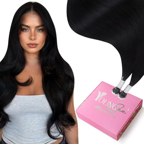YoungSee 28inch Nano Hair Extensions Real Human Hair Black 50g Long Hair | Nano Loop Hair Extensions Jet Black,Nano Beads Hair Extensions for Salon,No Heat Required,Natural Look and Feeling,Invisible
