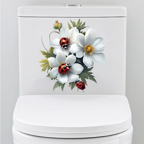 PRESSINART WC Deckel Aufkleber 30 x 28 cm Wasserdicht Abziehbar und Klebend PVC Toiletten Sticker Blüten Insekten Design Selbstklebende Wandaufkleber für Badezimmer WC Tür Möbel Wohn Deko