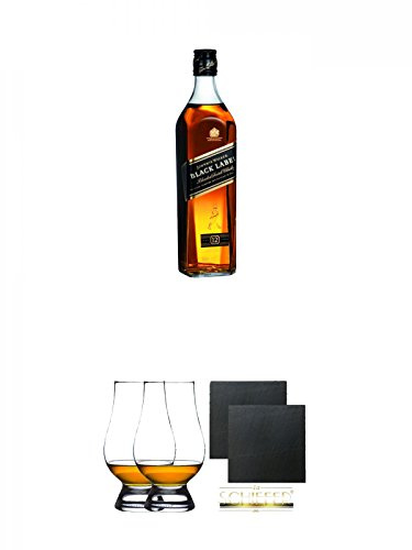 Johnnie Walker 12 Jahre Black Label 1,0 Liter + The Glencairn Glass Whisky Glas Stölzle 2 Stück + Schiefer Glasuntersetzer eckig ca. 9,5 cm Ø 2 Stück