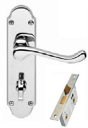 Golden Grace Epsom Style Bathroom Door Handle in Polished Chrome Finish with Bathroom Mortise Lock Set - 170mm x 40mm