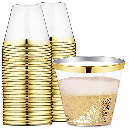 Landyta 228 ml 100 Stück Mehrweg Durchsichtig Kunststoffbecher gold, Einweg Elegante Goldrand Gerahmt Kunststoff Tassen für Geburtstagsfeier Party, Hochzeit im Freien