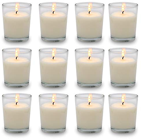Set of 12 White Votive Candles Clear Glass Filled Unscented Soy Wax Candle for Home Décor Spa Weddings Birthday Holidays Party and DIY