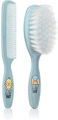 Beter Newborn Baby Comb & Brush Set - Extra-Soft Bristles, Ideal for Baby Care, 'Minicure' Kit, Blue