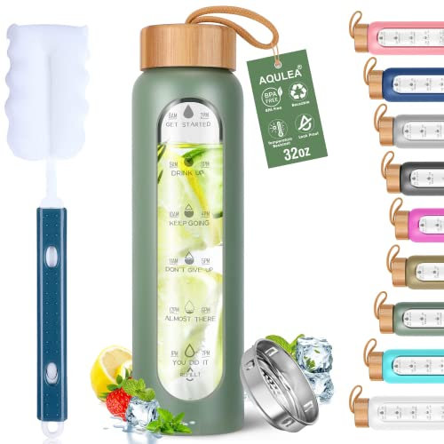 Aqulea Borosilikatglas-Wasserflaschen mit Times to Drink – Breite Öffnung, BPA-freie, motivierende Wasserflaschen mit Silikonhülle, Bambusdeckel, Fruchteinsatz und Bürste, Altgrün, 32 Oz