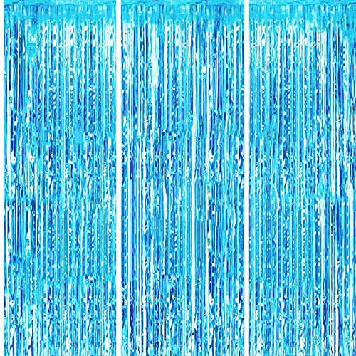 3Pc Light Blue Foil Curtains: 1m*2m Tinsel Party Backdrop Shimmer Curtains, Fringe Backdrop Hanging Streamer for Birthday, Graduation, Xmas, Wedding, Prom, Frozen Parties