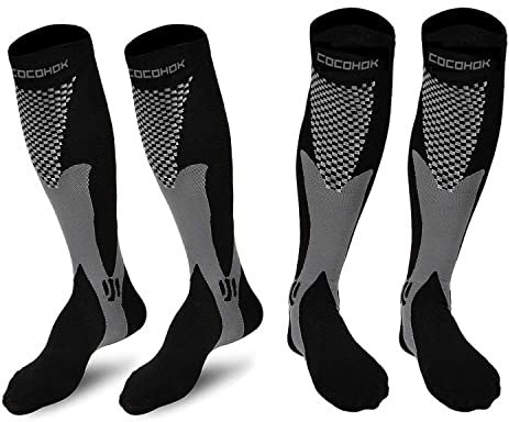 COCOHOK compressiekousen voor dames en heren, ter verhoging van prestaties, uithoudingsvermogen, doorbloeding en herstel, geschikt voor sport, voetbal, hardlopen en vliegen,2 Paar Schwarz,43-47