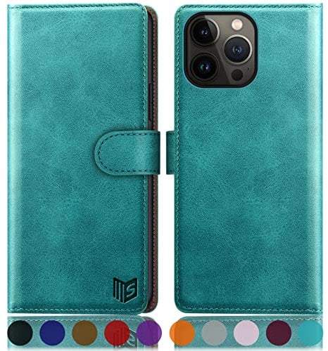 SUANPOT for iPhone 14 Pro Max 6.7 inch case with [Credit Card Holder][RFID Blocking],PU Leather Flip Book Protective Cover Women Men for Apple 14 Pro Max Phone case Blue Green