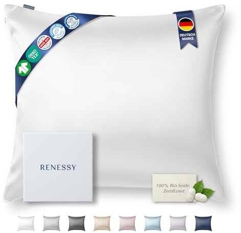 RENESSY Kissenbezug aus 100% Bio-Seide 80x80 cm - 22 Momme Maulbeerseide, Güteklasse 6A, Oeko-Tex zert. in Deutschland - Luxus für Haar und Haut, 1 Stück (Weiß)
