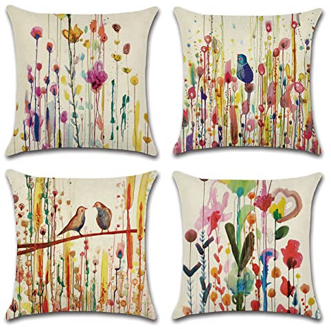OCEUMACO Leinen Kissenbezug 45x45 Abstrakt Muster Kissenhülle 4er Set Quadratisch Sofakissen Dekokissen Bezug für Couch Sofa Vogel Bunt Kissen Kissenbezüge Outdoor Deko Couchkissen Zierkissen