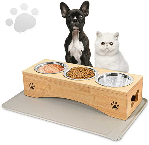 Tedsrewa Hundenapf oder Katzennapf 10 cm hoch,350ml pro Futternapf,Trocken-und Nasstrennung,Regal aus Bambus,Trockenfutternapf,Nassfutternapf,Wassernapf,mit Tischset