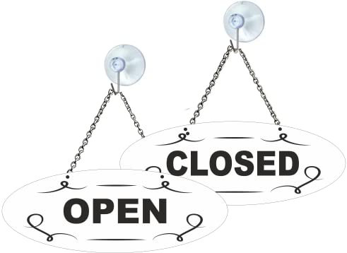 Cartello Aperto Chiuso ovale in PMMA CRYLUX COLATO con catena e ventosa 17,5cmx6,5cm bianco open closed T04