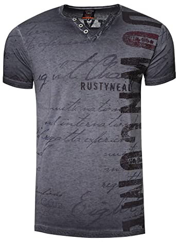 Herren T-Shirt Bedruckt mit Seitlichem Logo-Print V-Neck mit Knopfleiste M L XL XXL 271, Farbe:Anthrazit, Größe S-XXL:XL