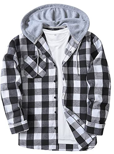 JACKETOWN Men's Plaid Shirts Casual Sweatshirt Hoodie Long Sleeve Shirt with Pocket Button Down Checked Shirt Jacket Flannel Shirt Regular Fit 4 Seasons Lumberjack Shirts Black White