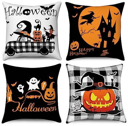 Hnmdmyi Halloween Kissenbezug 40x40 4er Set, Hexenhut Schwarze Katze Kürbis Büffel Plaid LKW Fledermaus Schloss Geist Dekorative Kissenbezüge Leinen Kissenhülle für Sofa Couch Bett Outdoor Home Decor