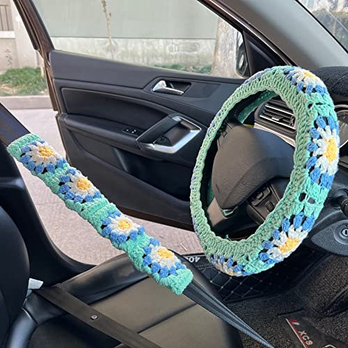 Auto Häkeln Blume Lenkradbezug Stricken Sonnenblume Garn Radabdeckung Für Frauen Handgemachtes Geschenk Autozubehör Untersetzer Auto Lenkradhüllen (Color : 30WheelCoverSet)