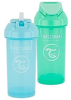 2x Twistshake Straw Cup Gobelet d'Apprentissage à paille Anti-Fuites 360 ml, Tasse d'Entraînement Bébé avec Paille Souple en Silicone, Tasse Bébé à Bec, 6 Mois et +, Vert Pastel & Bleu Pastel