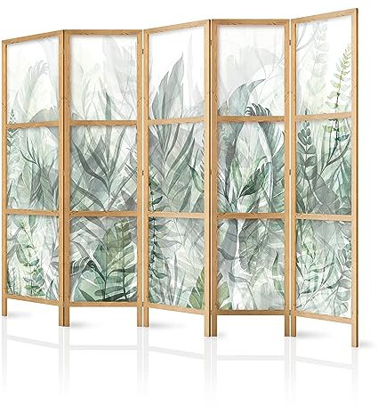 murando - Paravent Innen Raumteiler Holz Blätter 225x172 cm 5-teilig Japanische Trennwand Raumtrenner Room Divider Mobiler Sichtschutz Spanische Wand Raum Abtrennung grüne Botanik b-A-0696-bh-b