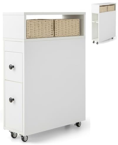 COSTWAY Slim Bathroom Floor Cabinet, Mobile Narrow Bathroom Storage Unit with 2 Slide Out Drawers, 2 Rattan Baskets, Back Toilet Brush Holder & 4 Wheels, Compact Wooden Bathroom Organiser, White