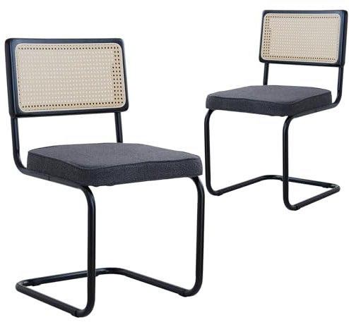 GrandCA HOME Modernes 2er-Set Esszimmerstühlen mit Rückenlehne aus Natürlichem Rohrgeflecht und Gestell aus Metallstahl, Gepolsterte Rattan-Küchenstühle,Schwarz
