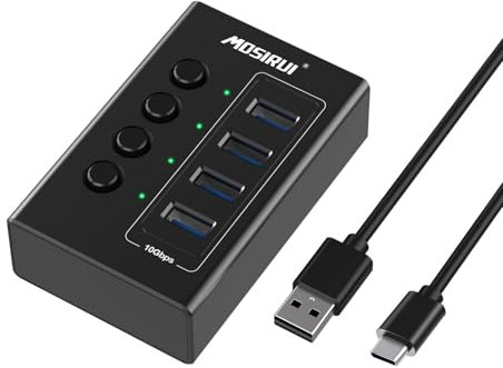 Powered USB C Hub 10Gbps Aluminum 4-Port USB C Splitter with 4 USB-A Data Ports USB 3.1/3.2 Gen2 Hub Multiport Adapter lim & Portable for Mac/PC Cable(3.3ft)