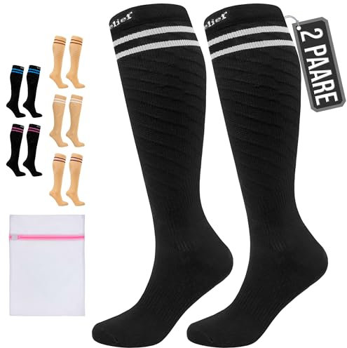 360 Relief Kompressionsstrümpfe Klasse 1 für Damen und Herren - 15-20 mmHg Stützstrümpfe für langstreckenflug, Reise, Sports, Running, Laufen - 2 Paare Kompressionssocken L/XL Schwarz mit Wäschenetz