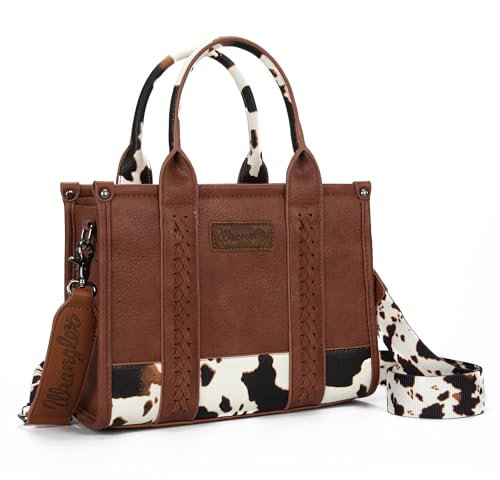Wrangler Tragetasche für Damen, Umhängetasche, Geldbörse, Leder, Tragegriff oben, Schultertasche mit verstellbarem Riemen, Kuhmuster, Braun, Large