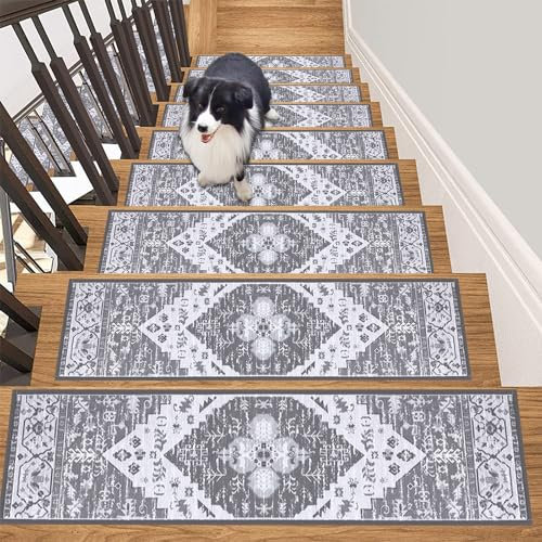 SHACOS 15 Pack 76x20cm Stair Treads Carpet Self Adhesive Non-Slip Indoor Removable Stair Pads Carpet Tiles Grey Safety Stair Step Protection for Wooden Steps